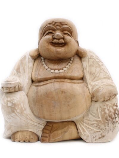 Hand Carved Buddha Statue - 30cm Happy - Whitewash