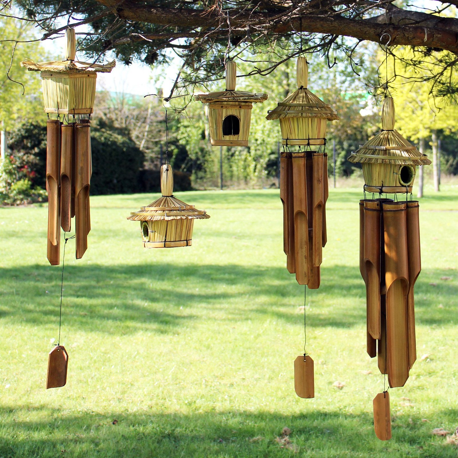 Square Seagrass Bird Box with Chimes 49x15cm - imagine 6