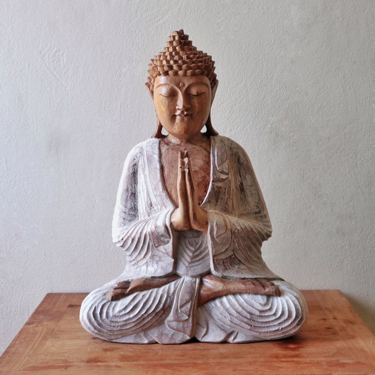 Hand Carved Buddha Statue - 30cm Welcome - Whitewash - imagine 2