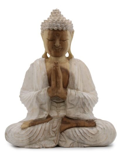 Hand Carved Buddha Statue - 30cm Welcome - Whitewash