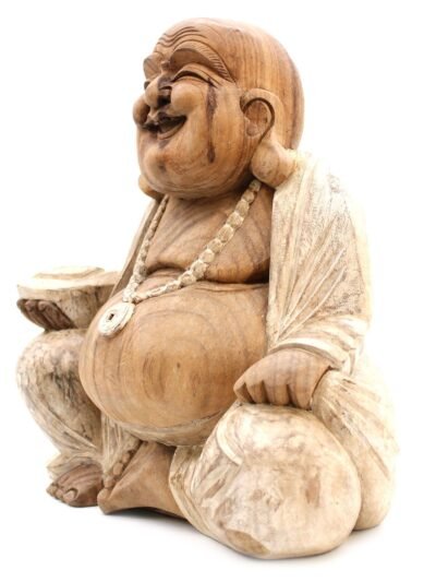 Hand Carved Buddha Statue - 40cm Happy - Whitewash