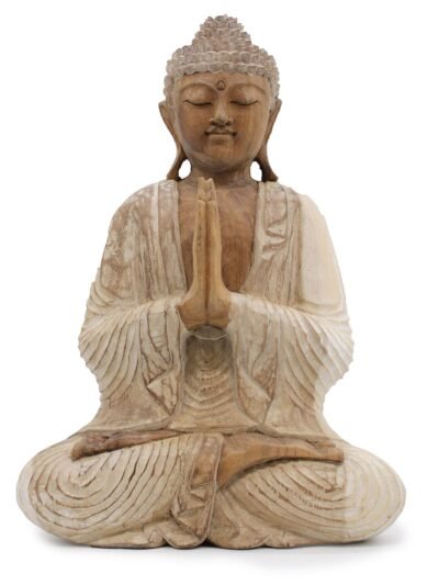 Hand Carved Buddha Statue - 40cm Welcome - Whitewash