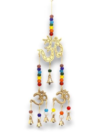 Indian Chimes - Brass Om with Chakra Beads - 7 Bells - 9.5x32cm