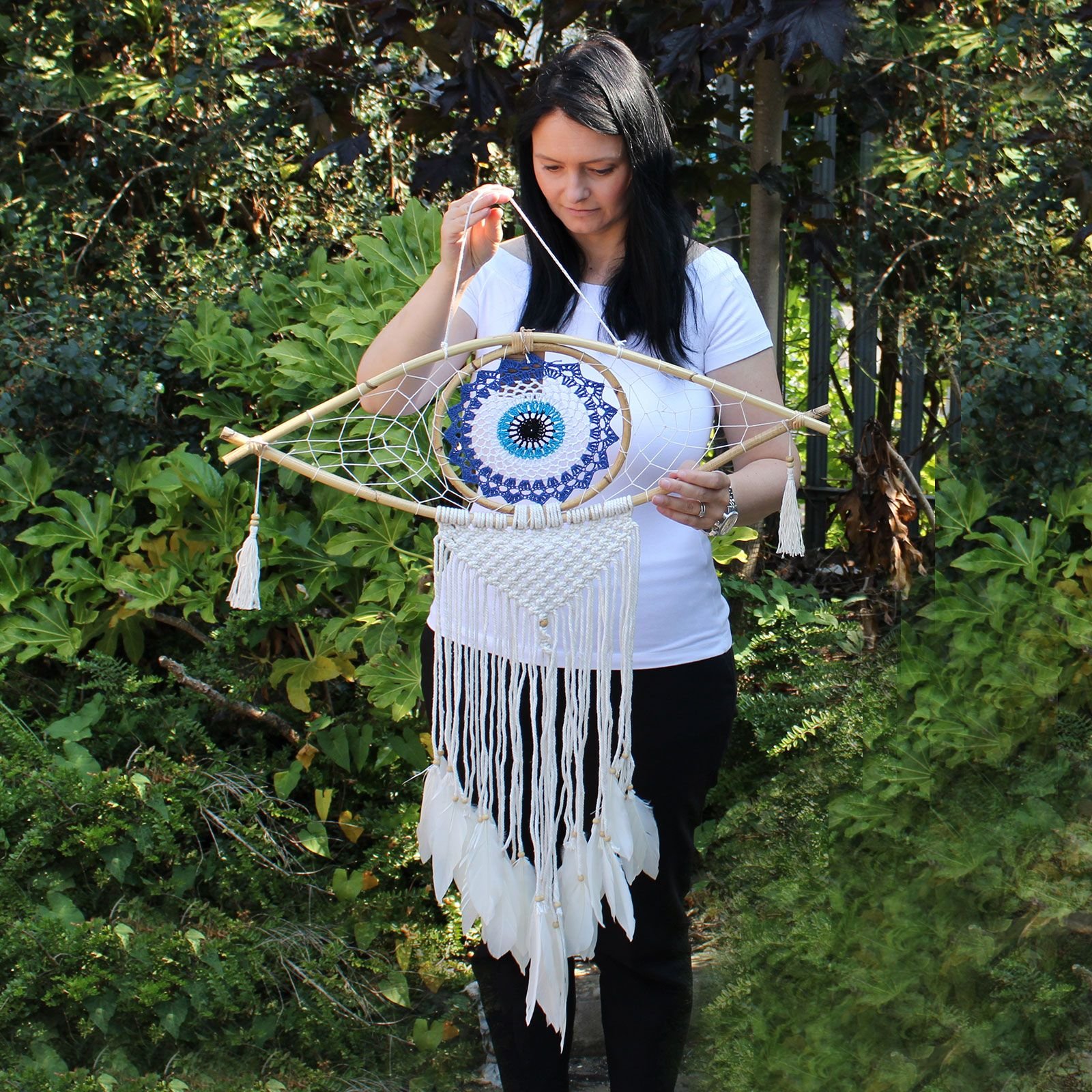 Protection Dream Cather - Lrg Macrame Evil Eye Blue/White/Black - imagine 3