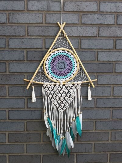 Protection Dream Cather - Lrg Macrame Pyramid White/Turquoise