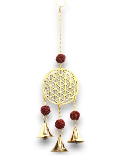 Indian Chimes - Brass Flower of Life with Rudraksha Beads - 3 Bells - 6x27cm