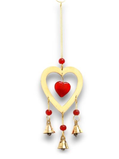 Indian Chimes - Brass With Ruby Glass Heart Beads - 3 Bells - 6.5x24cm
