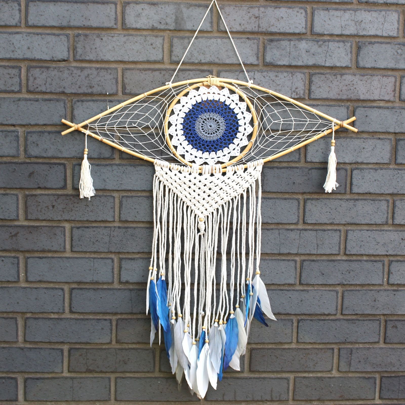 Protection Dream Cather - Lrg Macrame Eye White/ Blue/Grey - imagine 4