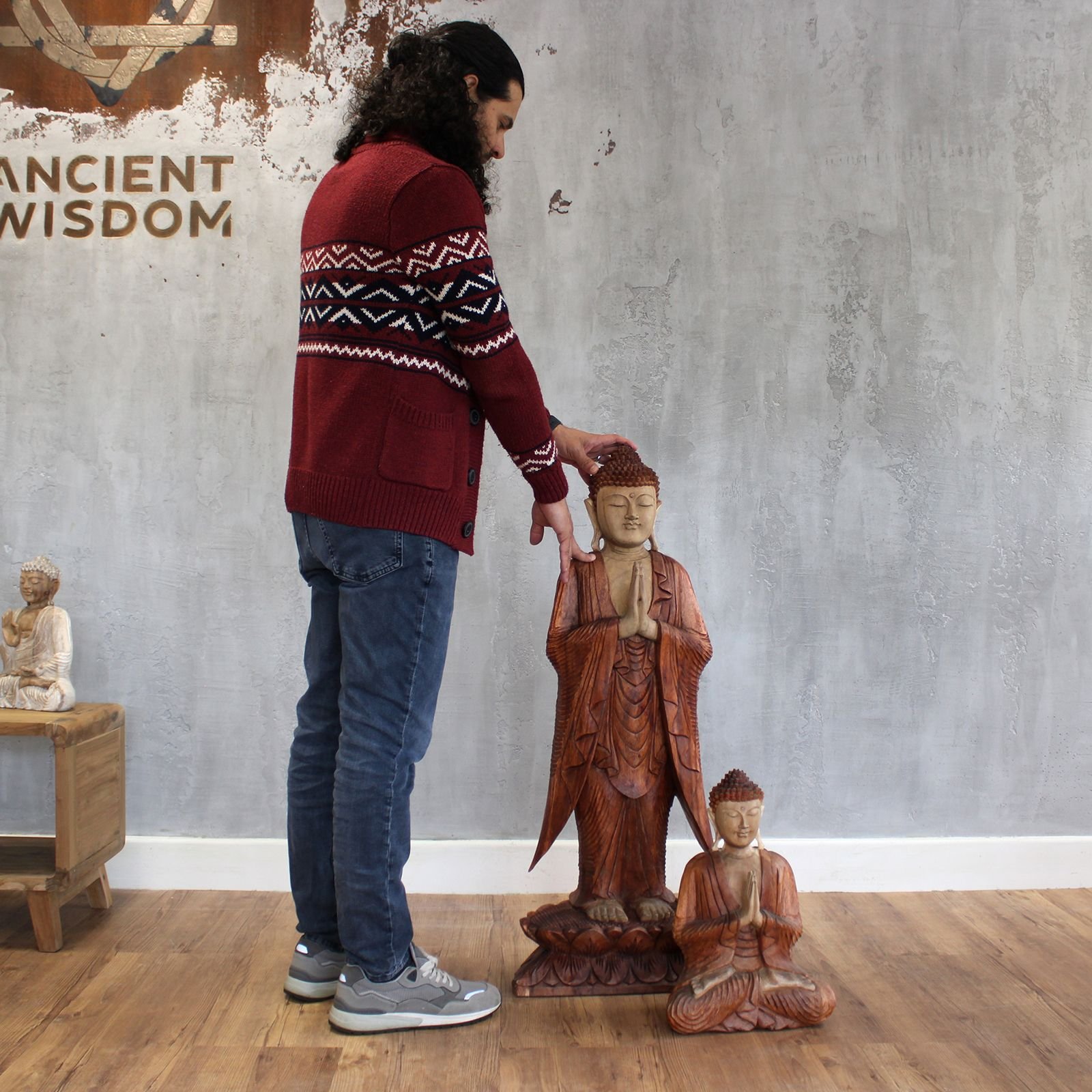 Hand Carved Buddha Statue - 100 cm Welcome - Whitewash - imagine 2