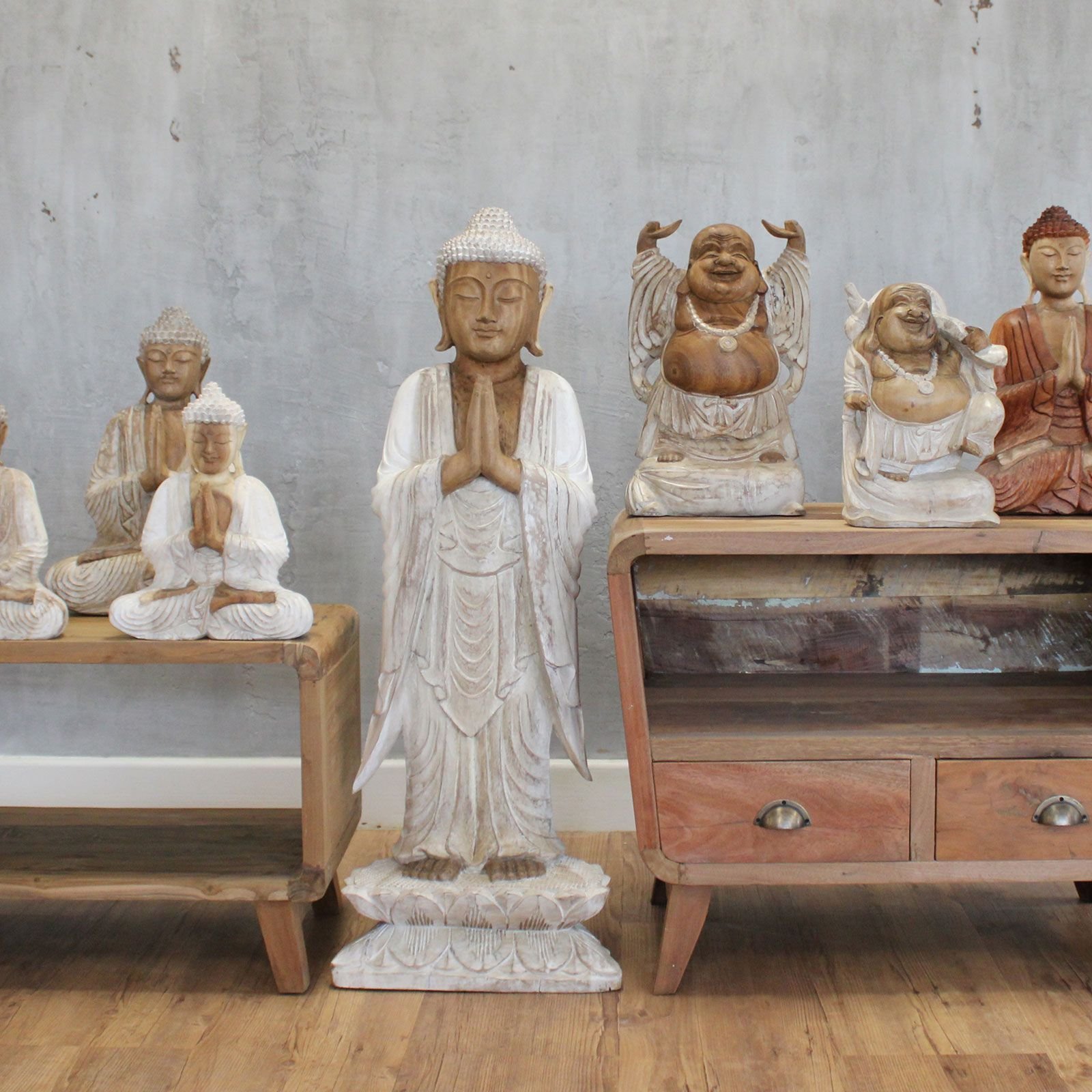 Hand Carved Buddha Statue - 100 cm Welcome - Whitewash - imagine 5