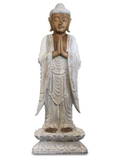 Hand Carved Buddha Statue - 100 cm Welcome - Whitewash