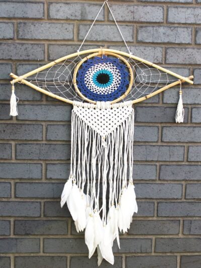 Protection Dream Cather - Lrg Macrame Evil Eye Blue/White/Black