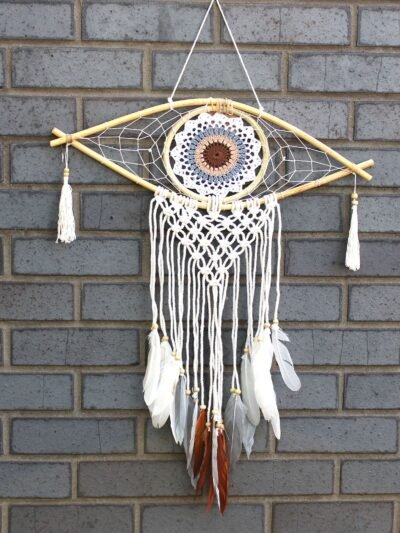 Protection Dream Cather - Med Macrame Eye White/ Gey/Brown